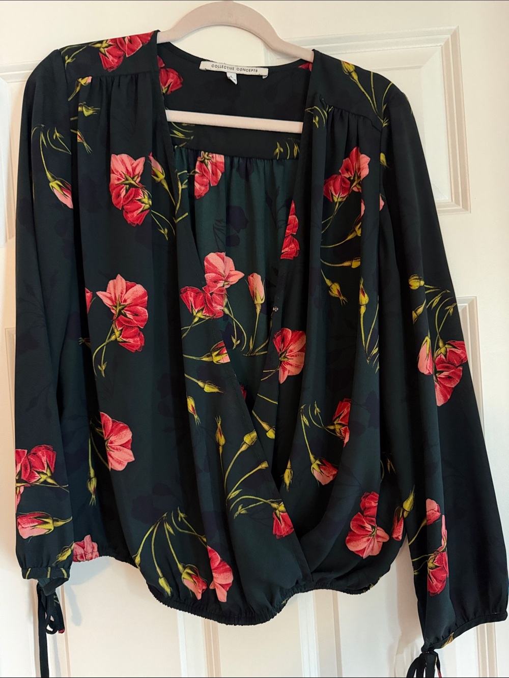 Collective Concepts dark green Wrap-Front Blouse with Pink Floral Print